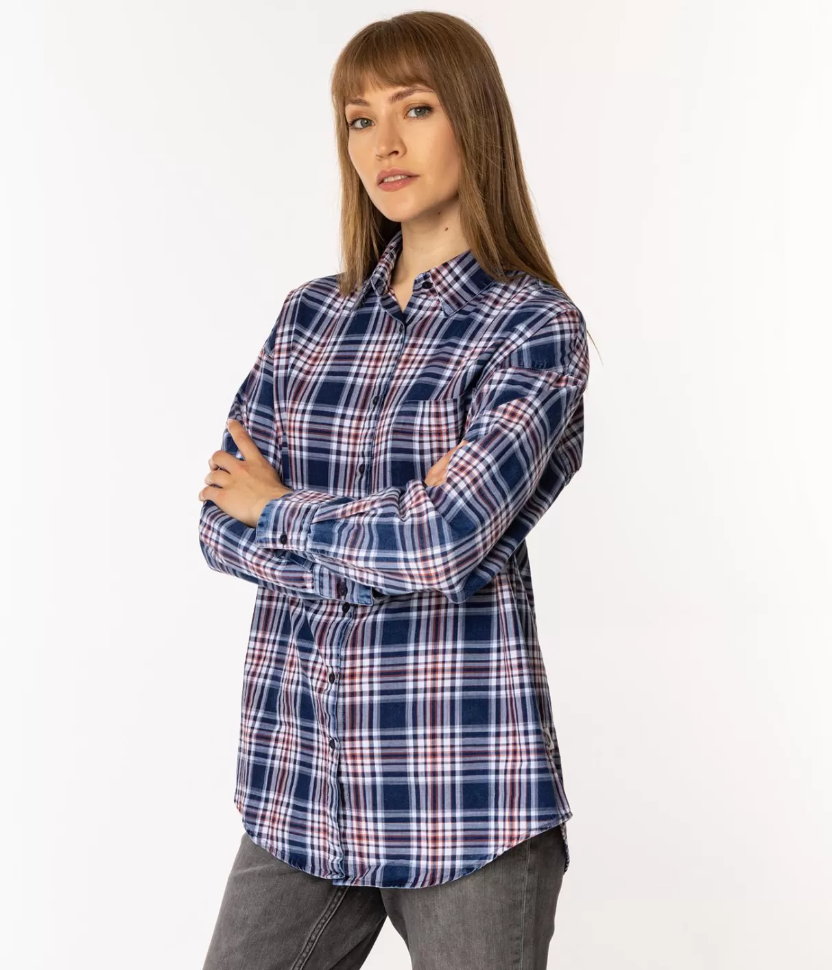 Koszula damska oversize w kratę ZOE 6198 BLUE INDIGO-Lee Cooper Best Sale